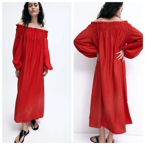 H&M Oversized Off Shoulder Midi Dress Womens Sz Small Red Long Sleeve